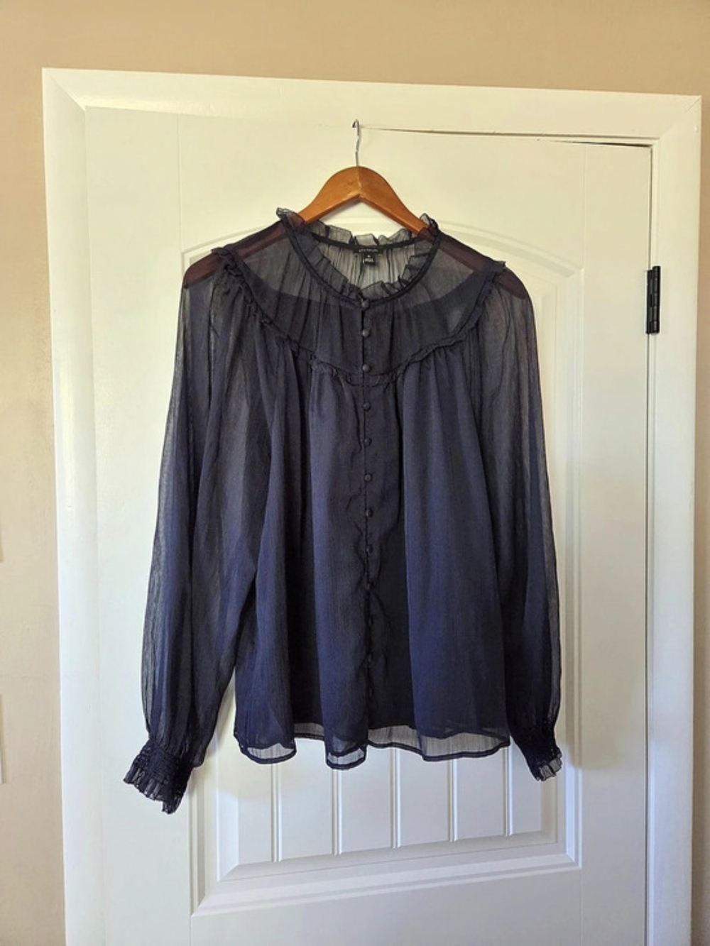 Ann Taylor Sheer Pleated Blouse in Navy Size XL